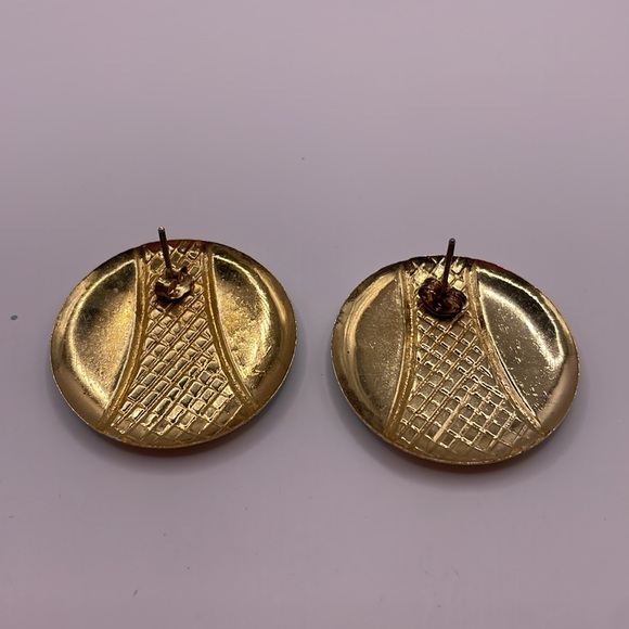 Vintage Gold Tone Mint Green Circle Disc Statement Earrings - Picture 2 of 2